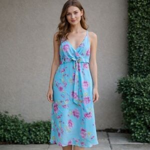 Stage II | Blue Pink Floral Midi Wedding Guest Dress
